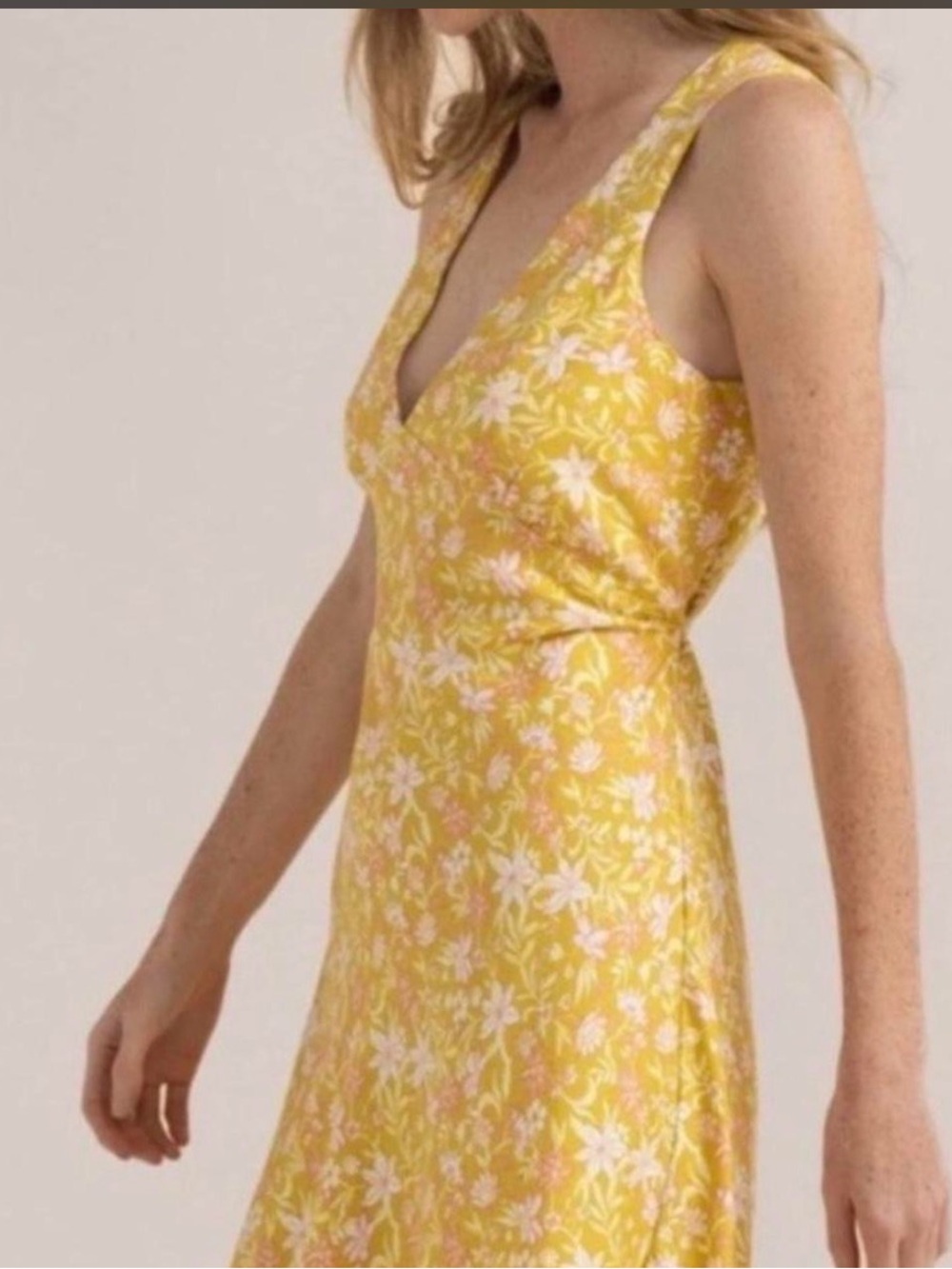 Roark Yellow Floral V-Neck Midi Dress with Pale Pink Accents
